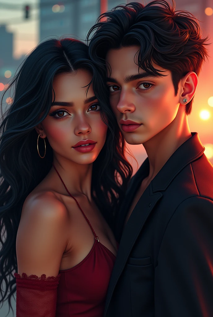 Cover for Wattpad youth romance book, black haired latina girl, and bad boy with effeminate features and straight hair at eye level, boy without beard or any hair on his face, youthful and seductive face in the style of a young adult novel 