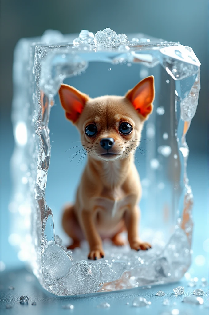 A miniature brown toy pinscher inside a giant crystal ice cube.