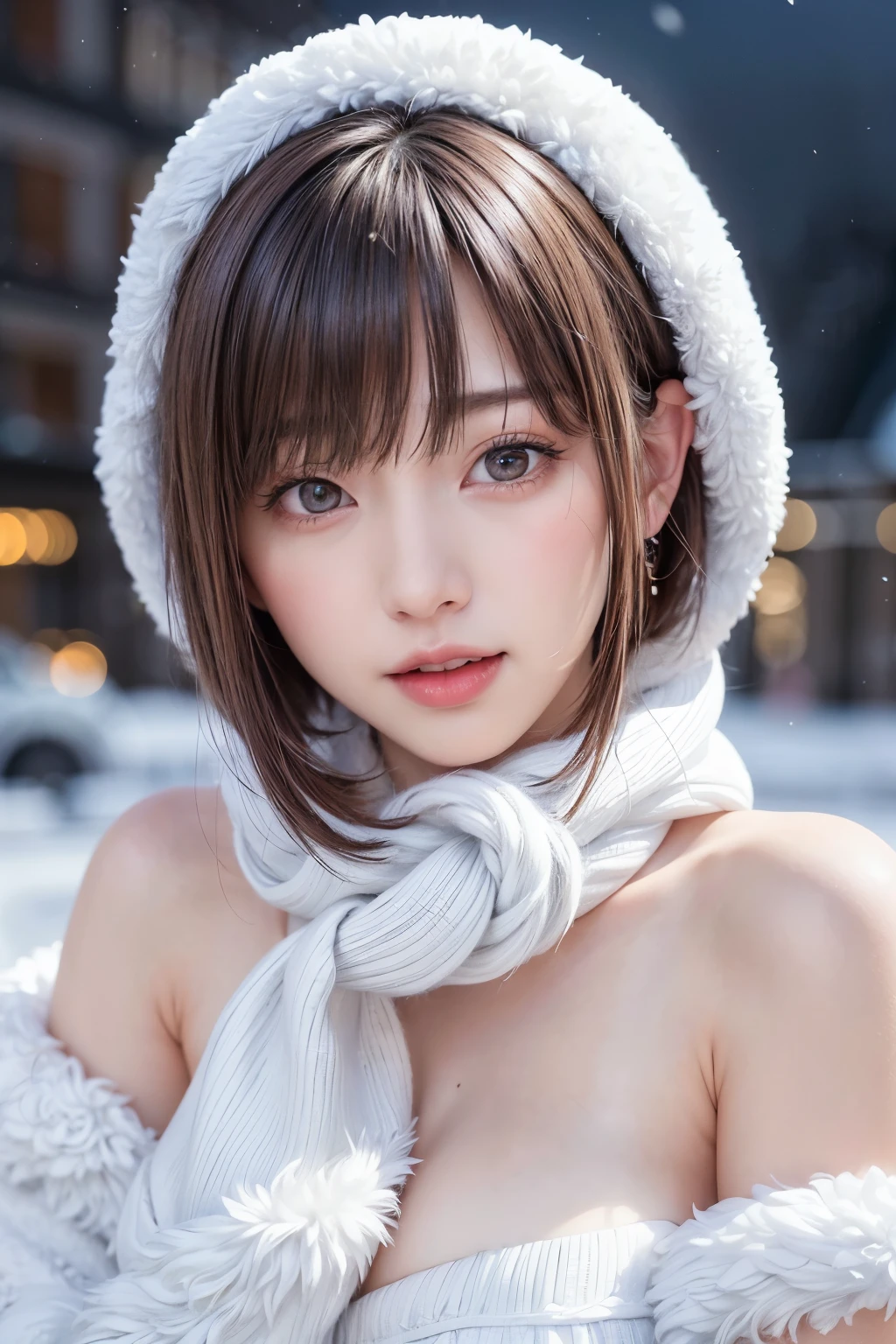 (masterpiece, Highest quality),One Girl, alone, Black-haired, scarf, Have, Realistic, Realistic, Looking at the audience, Light-coloured black eyes, Short brunette bob, Brown coat, Winter clothes, White headscarf, lips, prohibit, Plein Air, Mouth closed, Upper Body、Big eyes、eyelash、((Beautiful night scenery with sparkling snow falling、Large snowflake motif、A beautiful, empty, snowy night scene、Snow Scene))、(((Short bob hair with bangs、Shiny Hair、Big eyes、large full chest、Highlights the eyes、Gazing at the audience、Beautiful beauty、Listen carefully、Long neck、Laugh a little、Please close your mouth and laugh、Ideal body type)))、{Huge|big|Hugeな|Mega} chest:2, chestの谷間:2、