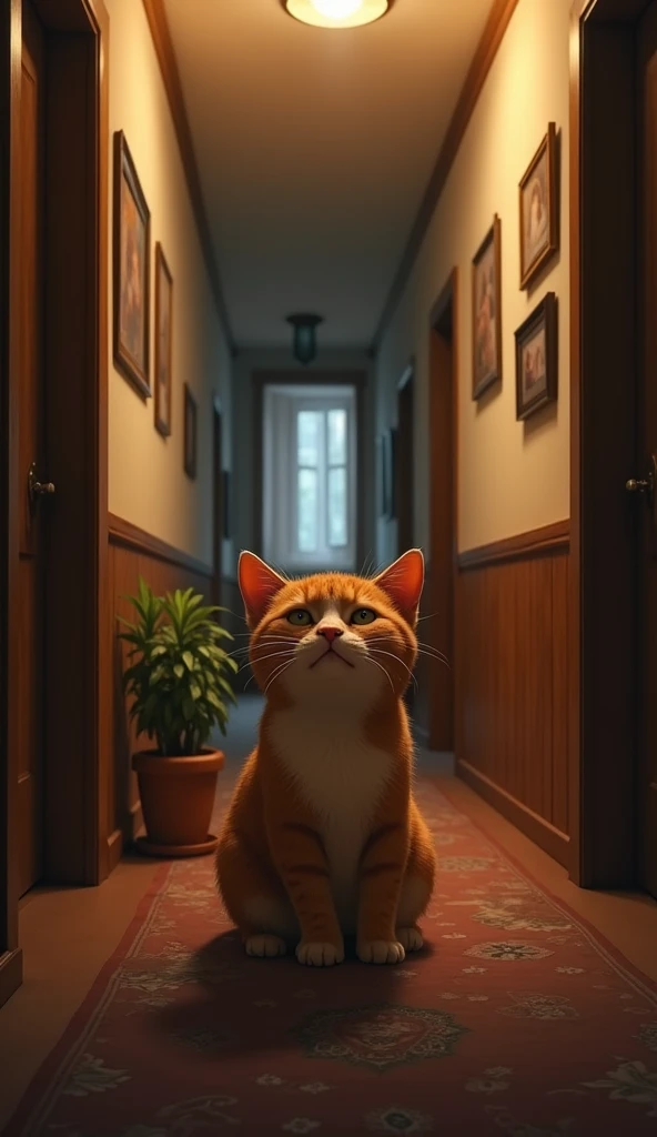 Injured ginger cat in an apartment hallway, curious expression, warm lighting