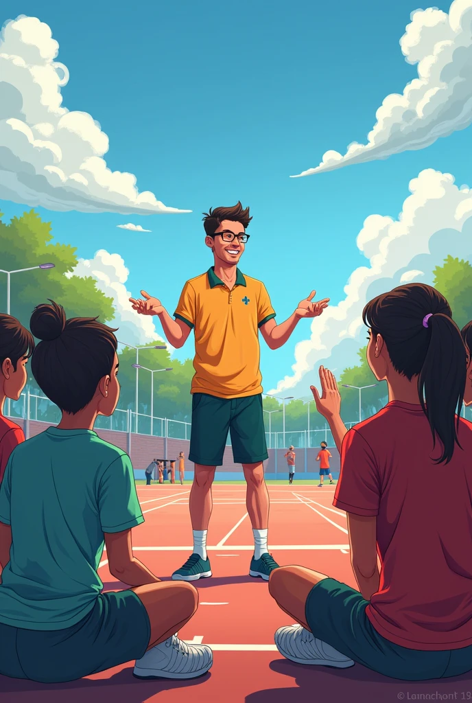 A teacher in a physical education class with his students. Start interacting and asking each other questions.. The class takes place on a sports platform. The students are sitting. Image size 1000 x 500