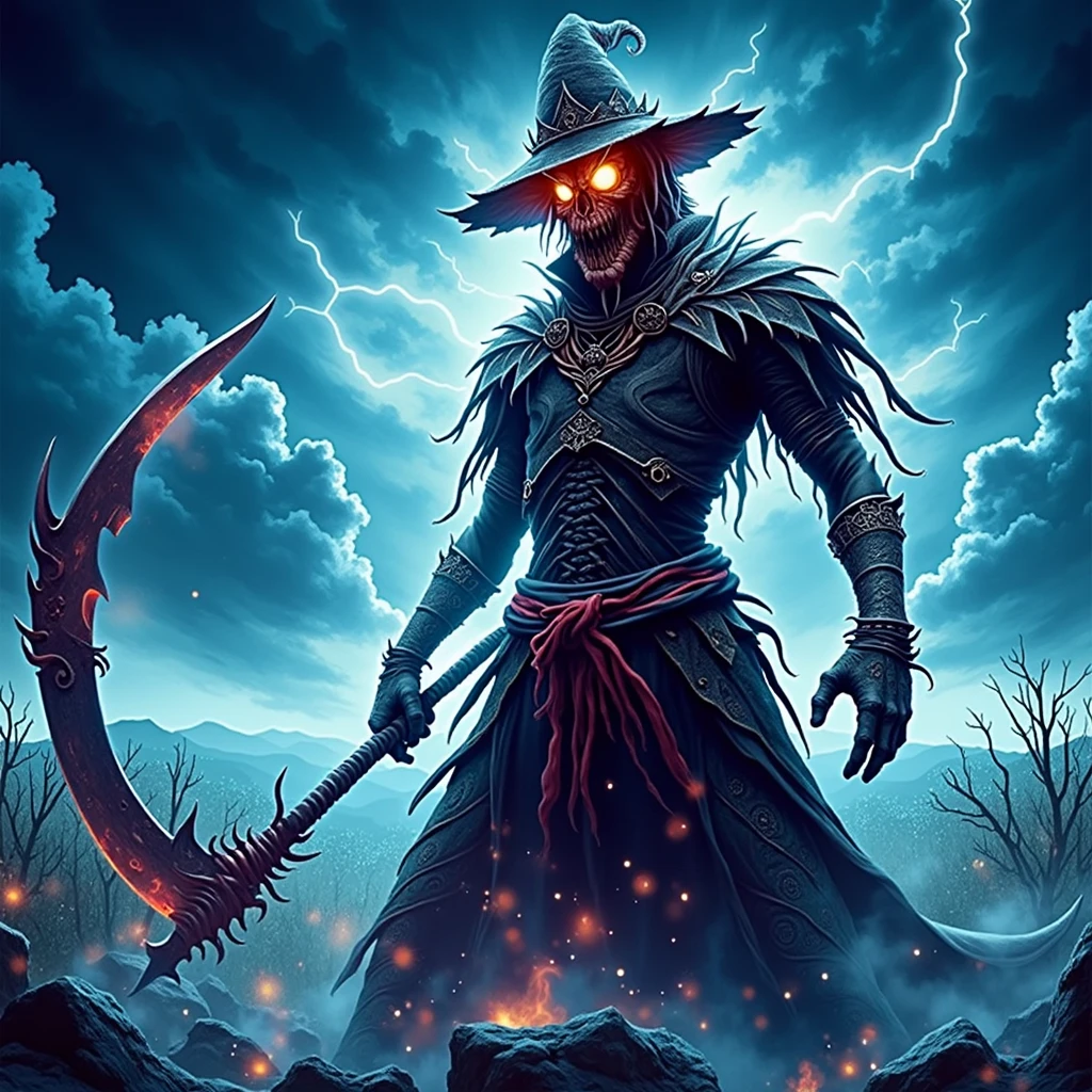 (Best quality,4k,8k,high resolution,masterpiece:1.2),ultra-detailed,Realistic:1.37,dark soul boss style,background haunted,scythe weapon,fantastic corrupted farmer outfit, riding an evil horse, energy flows around the body,electric battle aura,Dynamic lighting,ominous atmosphere,lightning,Sinister and desolate,twisted trees,scary fog, Disturbing shadows, weathered scarecrows, distorted landscapes, haunting whispers, threatening skies, crumbling ruins, a threatening storm brewing, lingering sense of darkness, ominous runes, broken tombstones, mystery and suspense, brutal and intense, #39;dread and fear, gothic elements, oppressive silence, threatening presence, atmosphere full of horror, dark and tormented souls, sinister energy, evoking a feeling of doom, a reality steeped in nightmares, writes "FarmMasteR" an background