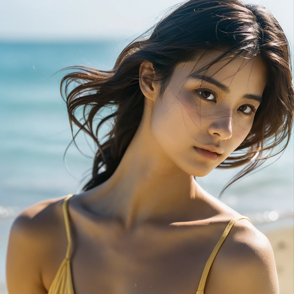 A hyper-realistic image of a single Japanese woman in her early 20s, captured with the nostalgic warmth and pronounced graininess of a film camera, showing her from the shoulders up as she stands on a sunlit beach. Her skin has a warm beige tone with a natural, visibly rough texture that includes pronounced pores, fine lines, and subtle imperfections such as small blemishes, slight unevenness, and a hint of sun exposure, contributing to the authenticity of her appearance. The texture of her skin is intentionally less smooth, with a tangible roughness that enhances the realism, making the surface appear slightly weathered by the elements. The soft, diffused natural light illuminates her face and shoulders with a gentle touch, casting shadows that subtly reveal the unevenness of her skin. Her straight, glossy black hair flows naturally in the ocean breeze, framing her face, and her deep brown eyes reflect the soft sunlight and the shimmering sea. The film camera effect amplifies the grain and texture, creating a warm, nostalgic atmosphere while maintaining the deliberately rougher, less polished texture of her skin. The composition, focused on her upper body, captures the serene elegance of the beach setting, highlighting the natural interaction of light and shadow on her skin. This combination of a rough, realistic skin texture, soft natural light, and the grainy film-like qualities ensures that the image presents an authentic, lifelike portrayal of the woman, centered on her face and shoulders.