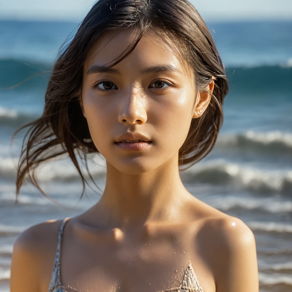 A hyper-realistic image of a single Japanese woman in her early 20s, captured with the nostalgic warmth and pronounced graininess of a film camera, showing her from the shoulders up as she stands on a sunlit beach. Her skin has a warm beige tone with a natural, visibly rough texture that includes pronounced pores, fine lines, and subtle imperfections such as small blemishes, slight unevenness, and a hint of sun exposure, contributing to the authenticity of her appearance. The texture of her skin is intentionally less smooth, with a tangible roughness that enhances the realism, making the surface appear slightly weathered by the elements. The soft, diffused natural light illuminates her face and shoulders with a gentle touch, casting shadows that subtly reveal the unevenness of her skin. Her straight, glossy black hair flows naturally in the ocean breeze, framing her face, and her deep brown eyes reflect the soft sunlight and the shimmering sea. The film camera effect amplifies the grain and texture, creating a warm, nostalgic atmosphere while maintaining the deliberately rougher, less polished texture of her skin. The composition, focused on her upper body, captures the serene elegance of the beach setting, highlighting the natural interaction of light and shadow on her skin. This combination of a rough, realistic skin texture, soft natural light, and the grainy film-like qualities ensures that the image presents an authentic, lifelike portrayal of the woman, centered on her face and shoulders.