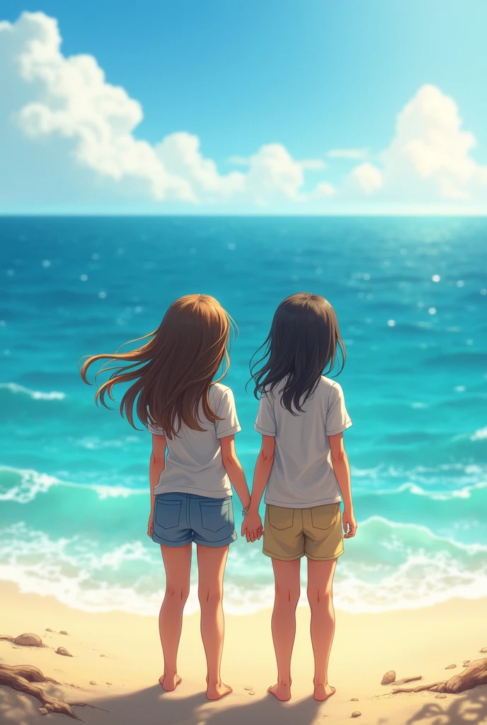 Four girls in plain white boyfriend shirts and cute underwear、barefoot、Light blue underwear with ribbon、Light yellow cute underwear、Cherry blossom and white polka dot underwear、Standing posture、Sandy beach, beautiful sea and blue sky