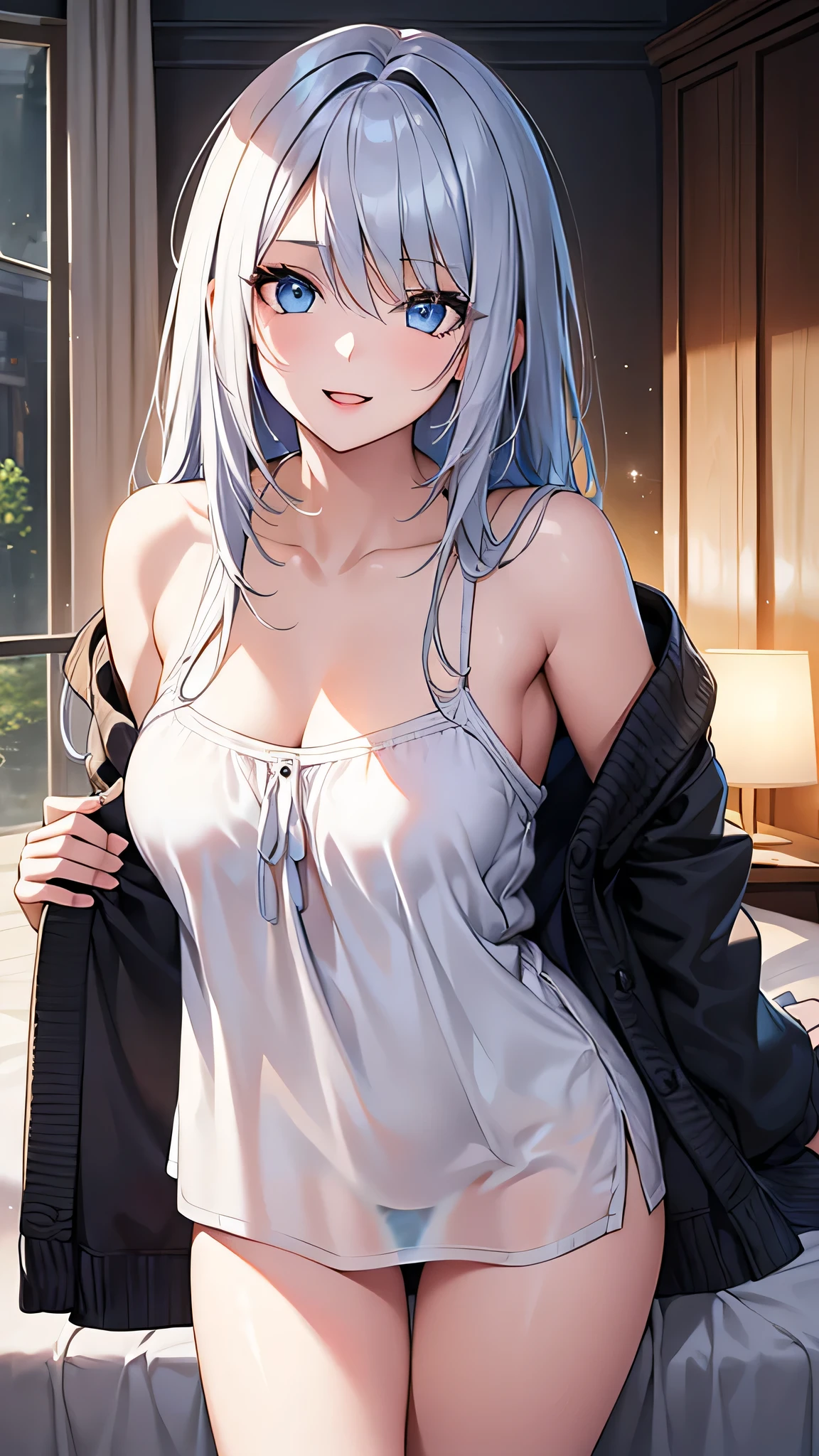 4K resolution,((Highest quality)),Ultra-high resolution,young woman, alone, sexy, (A seductive smile), (Light blue eyes), Beautiful and symmetrical face, (White messy medium length shoulder length hair),A white, transparent thigh-length camisole,Realistic:1.4,Realistic:1.4,(masterpiece:1.2),Perfect Eyes,Perfect Eyes,Perfect Legs,Bedroom at night,(Open your mouth:1.2),Ample breasts,A loose cardigan