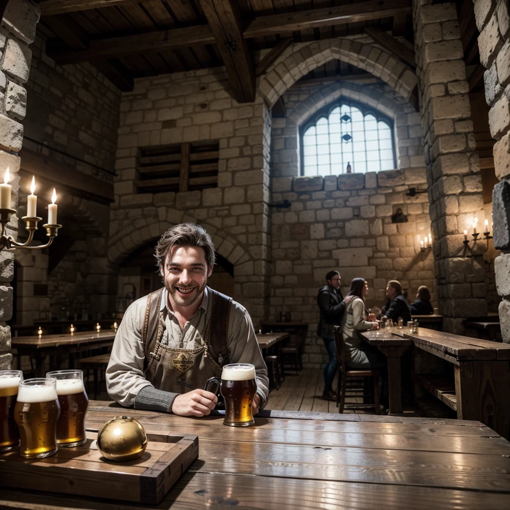 A craft beer factory with an old alchemist employee in his medieval castle with lots of joy and magic