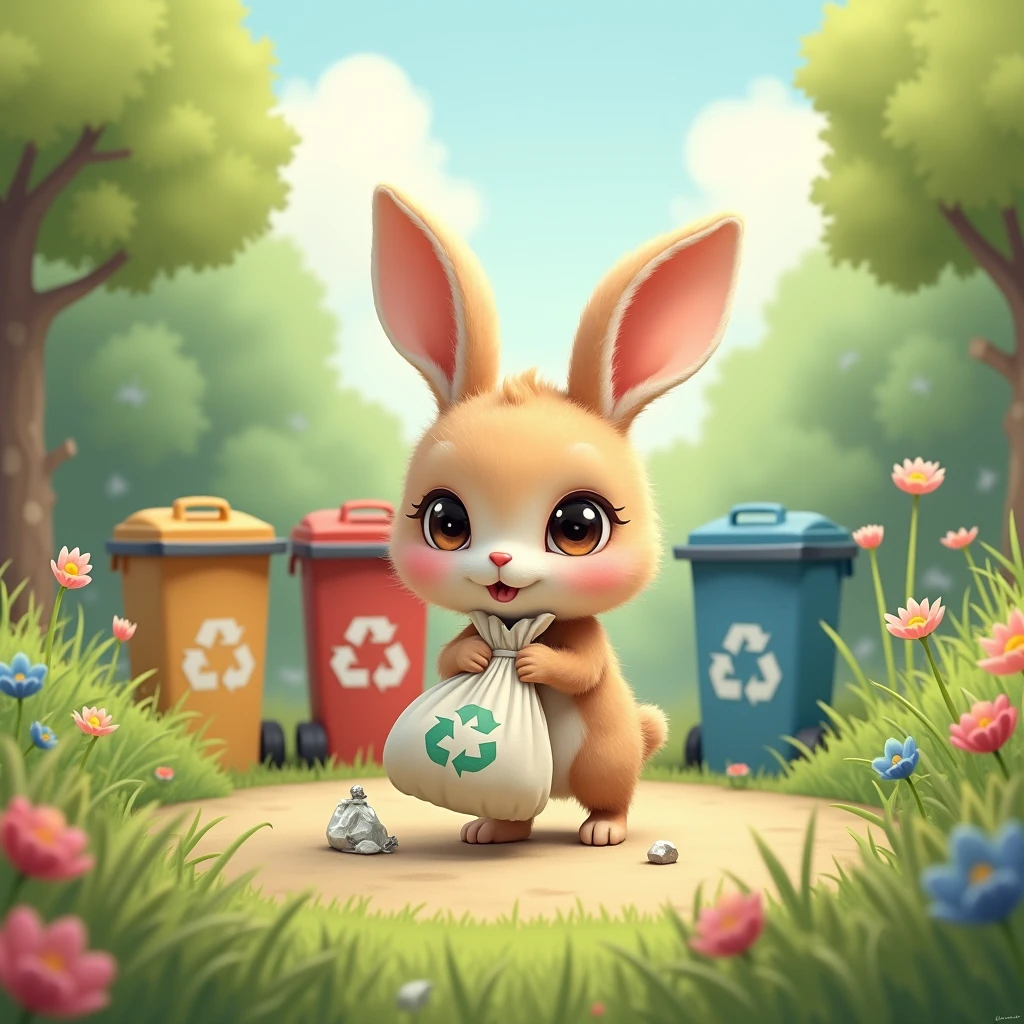 A cute bunny is holding a bag of trash to throw in the trash can in a lush spring garden, in which three bins are sorted for recycling, organic waste and other waste