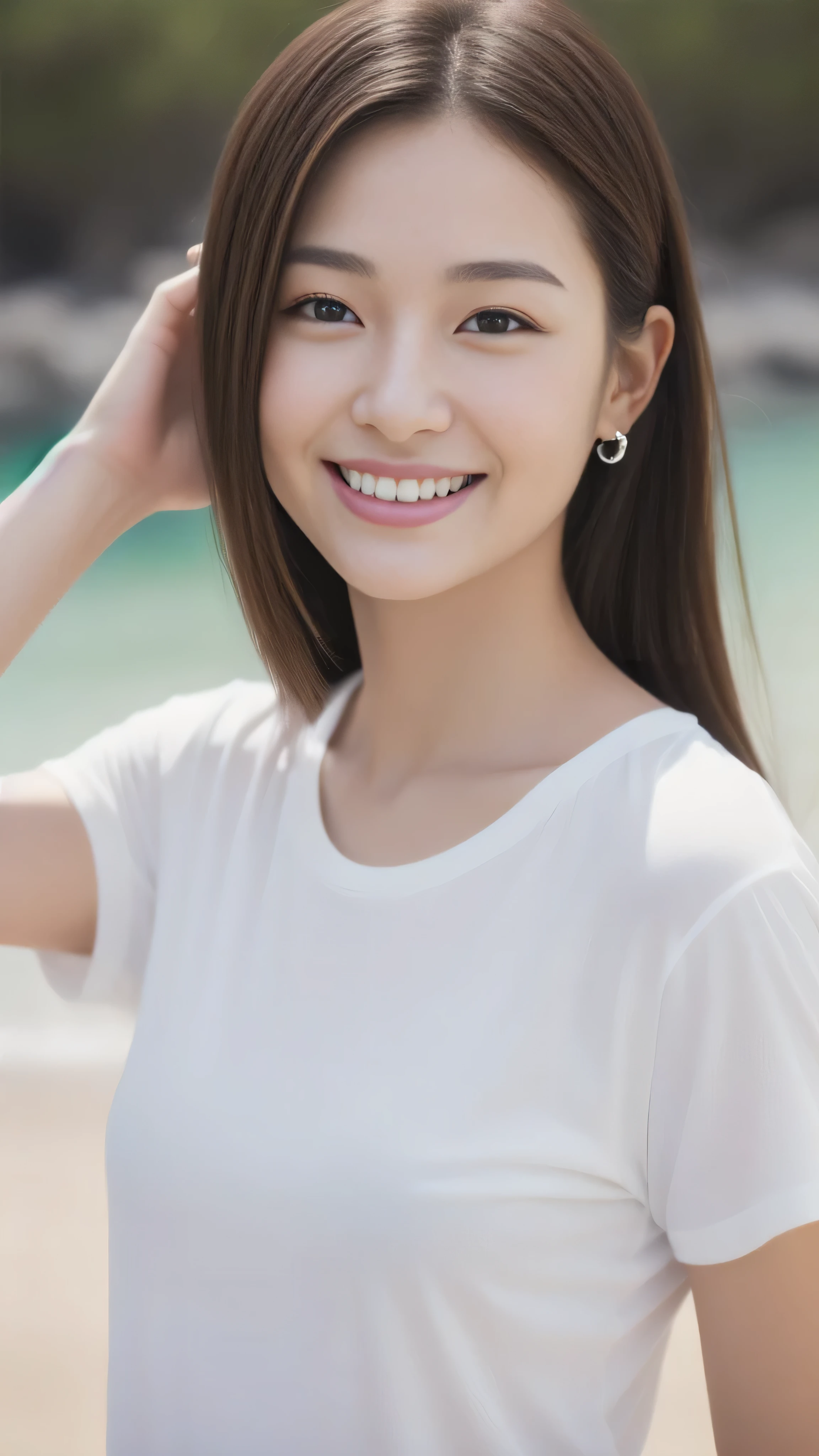 The face of a hostess、White T-shirt、High quality、Ultra-realistic、fine、Smiling face、Slim perfect figure、Japanese beauty、 Perfect Eyes、Radiant Skin、Upper body、Beach