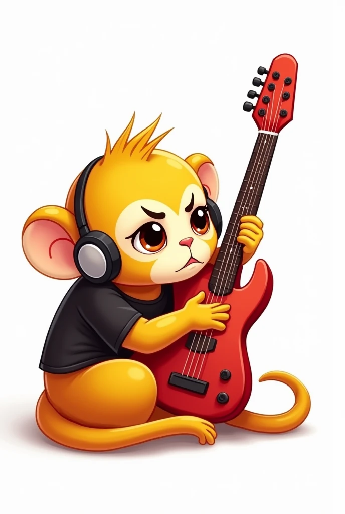 Golden lion tamarin in cartoon form, com fundo branco, Lying sideways, with head bowed, colored with shades of yellow and orange and using headphones. serious face, with an arched eyebrow, wearing a black short sleeve t-shirt and holding up a red guitar.