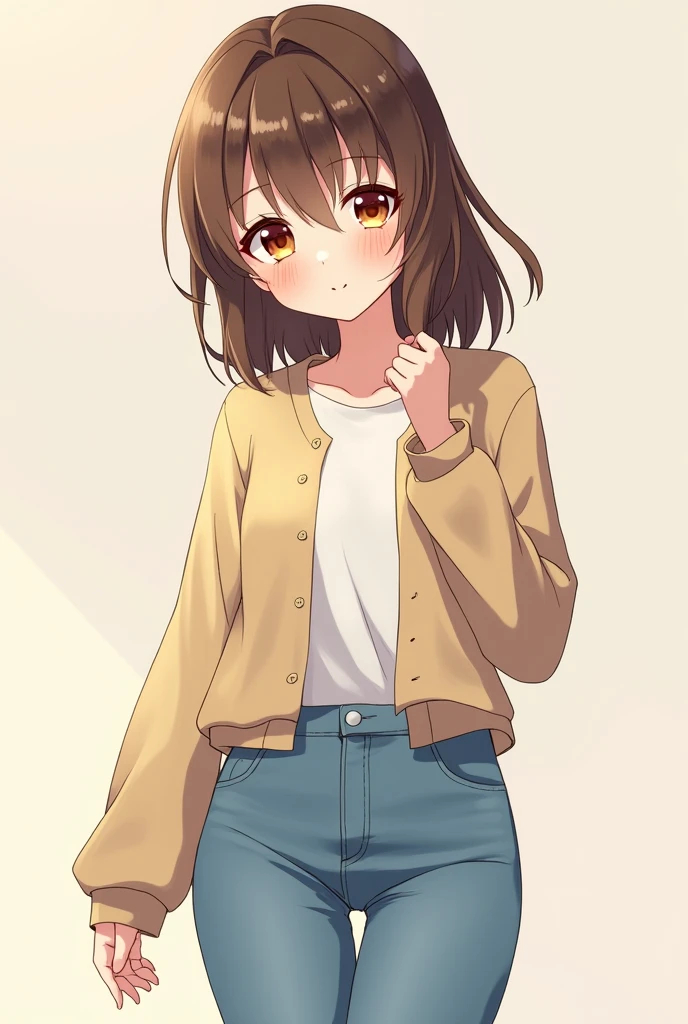 (anime:1.2),  Pretty girl standing full body in casual clothes, with medium long brown hair and honey colored eyes