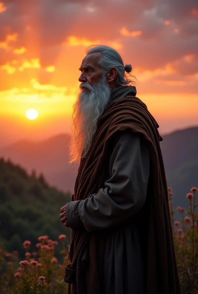 The old man with a long beard stands alone in nature watching the sunset