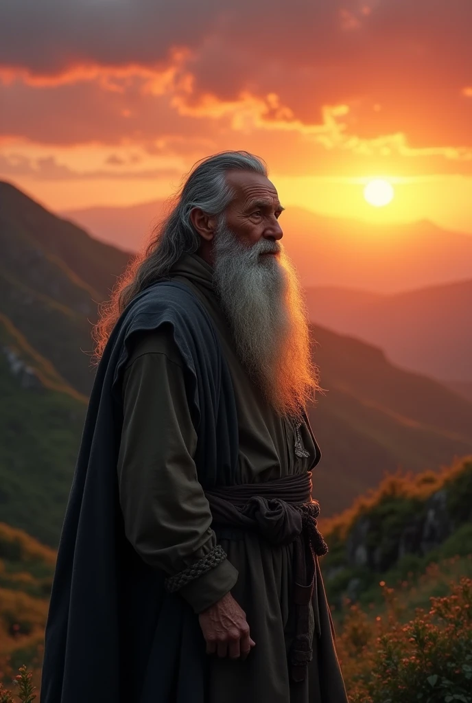 The old man with a long beard stands alone in nature watching the sunset