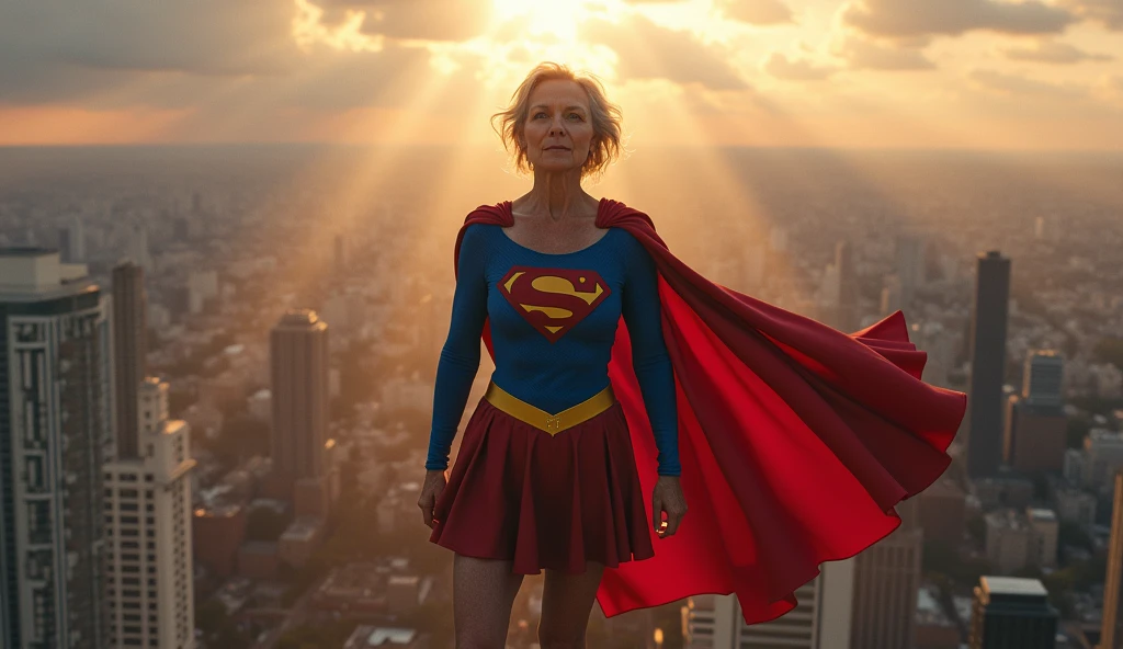 Julie Hagerty(((very beautiful old Supergirl (((1984s costume))); Julie Hagerty))) Super old woman Julie Hagerty; confident, powerful, indestructible, attractive; big and firm chest, floating high above the city, sunlight streaming through the clouds, dramatic pose, cinematic lighting, colorful cityscape below, gritty urban environment, intricate details, hyper-realistic, 8k, cinematic, dramatic, grandiose, superhero, flying, cape flowing, muscular, confident, powerful, determined expression, glowing eyes, lens flare, volumetric lighting, cinematic camera angle, dramatic shadows and highlights, photorealistic, vibrant colors, highly detailed, masterpiece