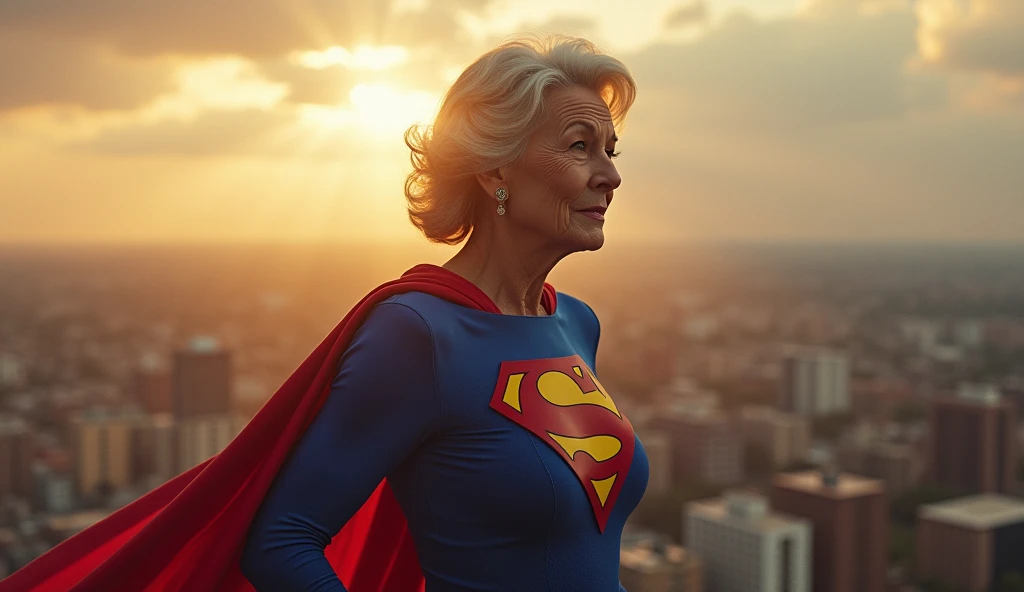 Julie Hagerty(((very beautiful old Supergirl (((1984s costume))); Julie Hagerty))) Super old woman Julie Hagerty; confident, powerful, indestructible, attractive; big and firm chest, floating high above the city, sunlight streaming through the clouds, dramatic pose, cinematic lighting, colorful cityscape below, gritty urban environment, intricate details, hyper-realistic, 8k, cinematic, dramatic, grandiose, superhero, flying, cape flowing, muscular, confident, powerful, determined expression, glowing eyes, lens flare, volumetric lighting, cinematic camera angle, dramatic shadows and highlights, photorealistic, vibrant colors, highly detailed, masterpiece