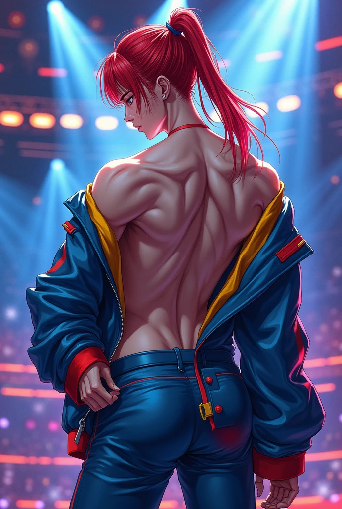 masterpiece, Highest quality, Ultra-high resolution, (sexy Korea idol man: 1.3), Men, Korea Men, manhwa, sexy Men, Red hair with yellow side streaks, Straight hair、big male ass , big male ass , big male ass, long tied hair, Looks like a、(red and blue harajaku style: 1.2), (The jacket is a blue jacket with red and yellow details.: 1.2), back view、Big, shapely ass、The kpop show paucco where the spotlight is dazzling、A little wet、mouth piercing, Focus on the big ass and beautifully shaped