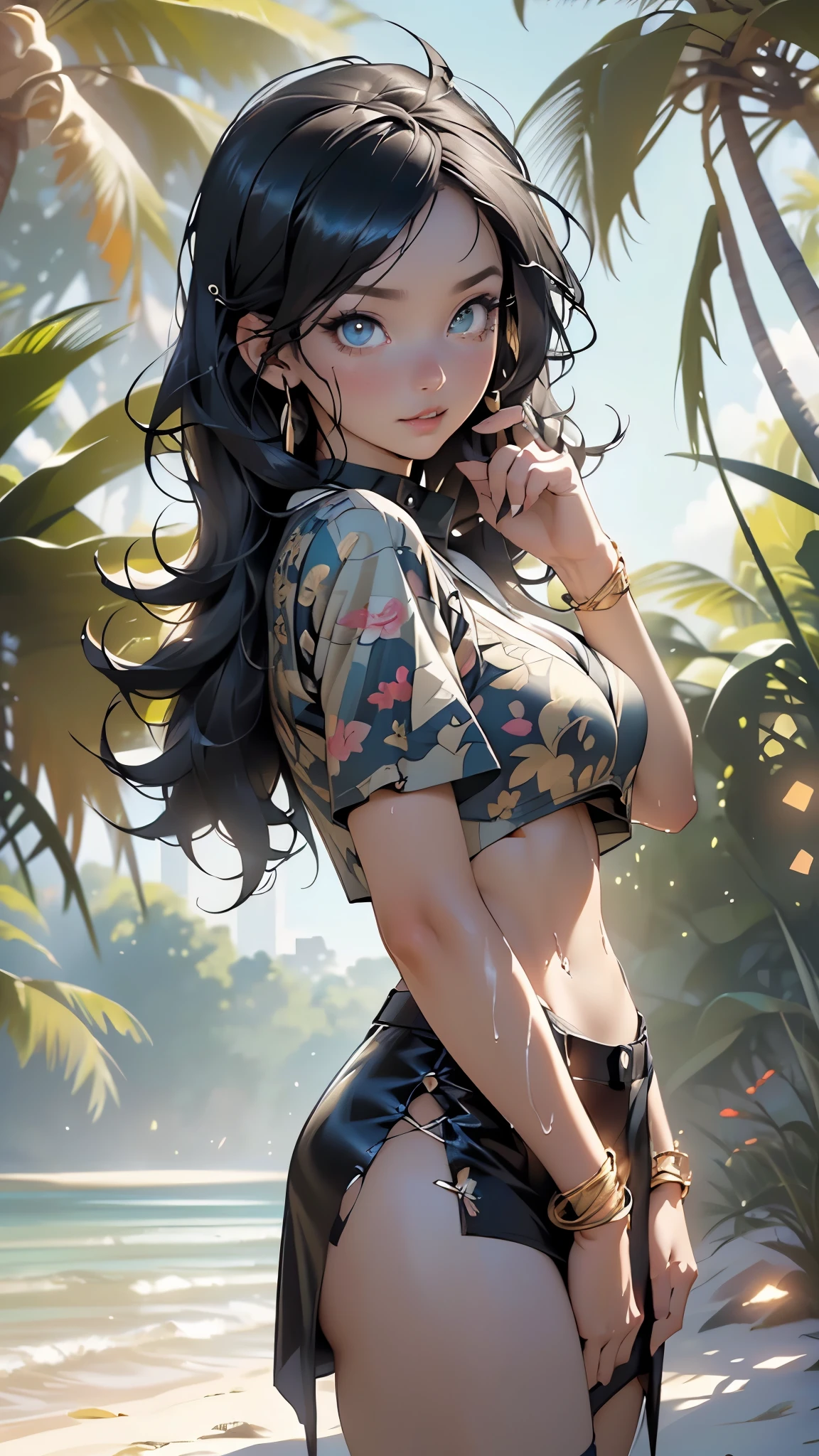 sith girl, serious and sexy face, has a face of supernatural beauty, long black hair, black hair, fitness hip, cracked abdominal muscle, large abdomen muscle,light_blue_hair,
woman,1female,((milf,mom,mature,mature woman,4 female,adult)),
Her figure is extremely voluptuous, gigantic breasts, heavy breasts,(large breasts:1.5),saggy breasts,colored inner hair,((aqua_eyes:1.3))),intricate eyes,beautiful detailed eyes,symmetrical eyes,((((lustrous skin:1.5,bright skin: 1.5,skin tanned,shiny skin,very shiny skin,shiny body,illuminated skin)))),(spider lower abdomen,narrow waist,wide hip,bimbo body,inflated legs,thick thighs),(((detailed face))),
(cute,slutty,sensual,seductive look,seductive,((erotic)),opulent,sumptuous,longingly,((nsfw)),
queen,goddess,fantasy,revealing clothing,show skin,zettai ryouiki,revealing clothing,skin show,((rave shirt with a black print,rave miniskirt,visible thong straps)),(wearing a rave outfit:1.3,rave clothing,semi-naked,scantily clad),((clothes wet, intricate costume, intricate clothing)),(femdom cloth,torn clothes,black clothes),sith style, bare belly, bare shoulders, golden bracelets,detailed outfit,
(dynamic pose:1.0),arrogant face, arrogant smile,(centered,scale to fit dimensions,Rule of thirds),
outdoor,((beach rave party)),scenery:1.25,((intricate scenery)),((beach rave party background)),beach rave party atmosphere,Summer beach party,sand,beach party behind,harmonized orange sunset adding to the atmosphere of a summer beach party,beach party atmosphere,Boom festival,European rave,Cytorance festival,time golden,Ozora festival,sea,horizon,palm,palm trees,Christmas lights,
(Glossy rave ornaments),highres,sharp focus,(ultra detailed,extremely detailed),(photorealistic artwork:1.37),(extremely detailed CG unity 8k wallpaper),(((vibrant colors,vibrant theme))),(intricate),(masterpiece),(best quality),artistic photography,(photography taken by sldr),(intricate background),perfect rendered face,perfect face details,realisti
