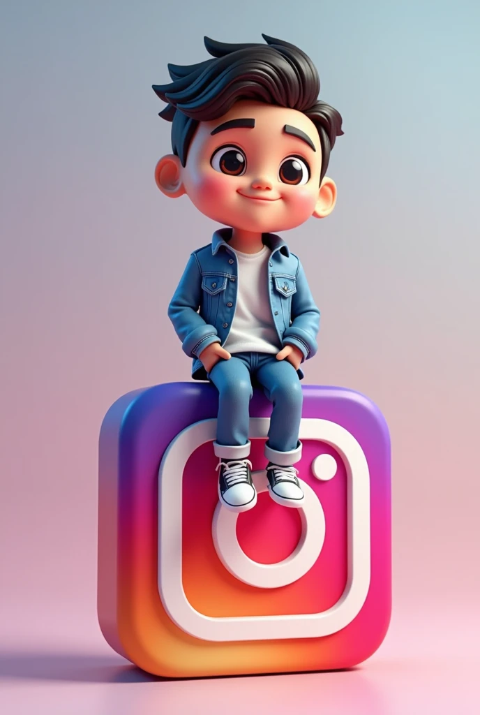create a 3D illustration of an animated character sitting casually of a social media logo "Instagram" .The character must wear casual modern clotting such as jeans jacket and sneakers.The background of the image in a social media profile page with a user name "zahidawan.20" and profile picture that mach.