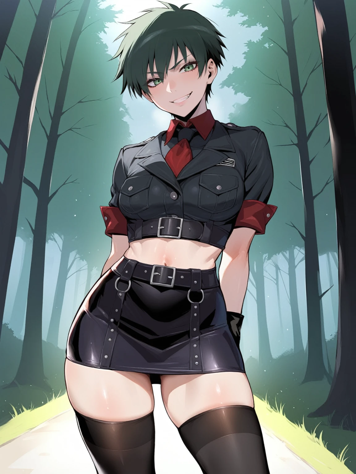 source_anime, rating_explicit, score_9, score_8_up, score_7_up, goth, gothic, black hair, short_hair, looking at viewer, no bra, open jacket, skirt, thighhighs, black skirt, yellow cropped jacket, hellsing, goth girl, ikuchan, smirk, green eyes, smirk, standing, outdoors,  night, night time, nighttime,  moonlight,  secluded forest, portrait, masterpiece, face focus, multicolored_hair, tomboy, huge thighs, tiny waist, vampire, fangs