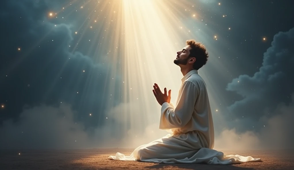 A person kneeling, praying and being blessed by the Holy Spirit of God.