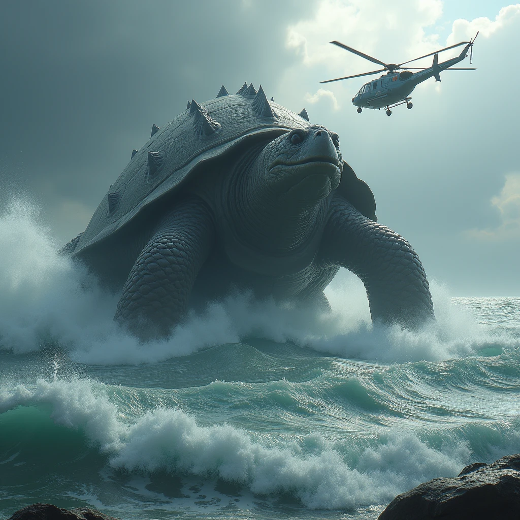 Heavy giant dragon-like turtle, In rough seas, Appearing from the water, 3D Rendering, Ultra-fine detail, high quality, High resolution, 最high quality, from the front,Self-Defense Force helicopter