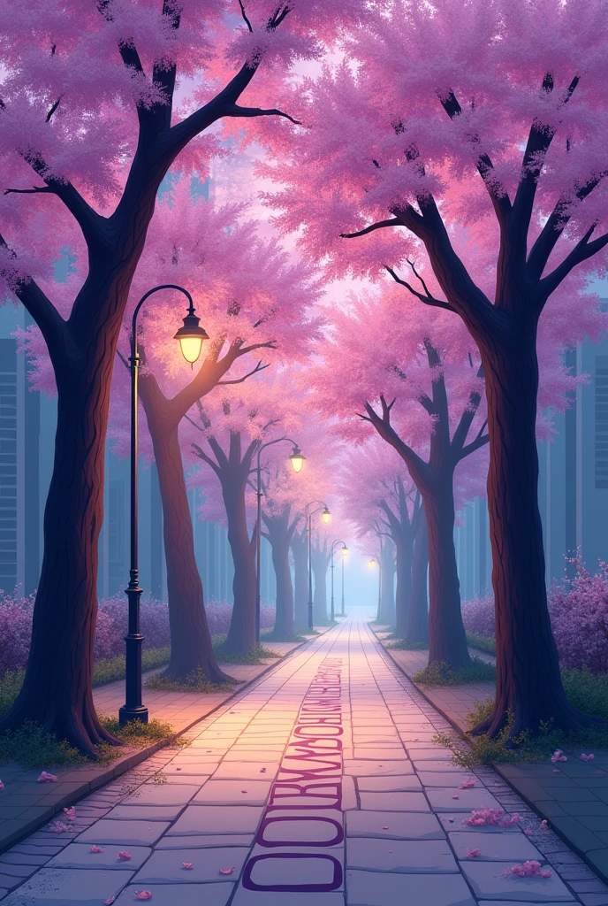 LOGO FOR RESTAURANT WITH THE WORD BOULEVARD making a path with purple leaf trees looked like cherry trees with streetlights