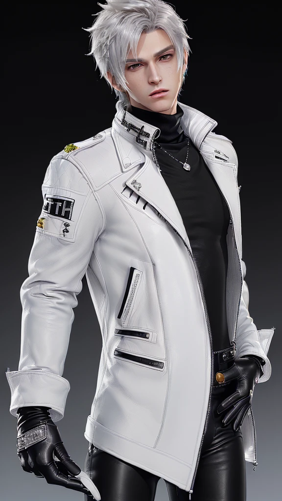 ((Final fantasy taste and reality graphics)), ((Japanese young cute and cool ikemen boy)), his age is early 20s, thin eyebrows and beady eyes, ((((he wearing white color leather very thick single-brest jacket)))), ((with epaulet)), ((leather jacket close all zippers)),, ,(( jacket collar is very high length stand-up collar with belts)), , (((also wearing black color turtleneck polyester shirts))), (((tight black and leather pants))), ((((black leather tight and thin glove)))), ((black color leather knee-high raceup boots)),head-to-toe, whole body, boy looks like fashion model,Do not show skin from the neck down,(((all his clothes are smooth design and very shining))),(((Avoid adding unnecessary decorations to your clothes))),(((all clothes is simple design and appearance))),(((don't wear jewelry on all clothes)))