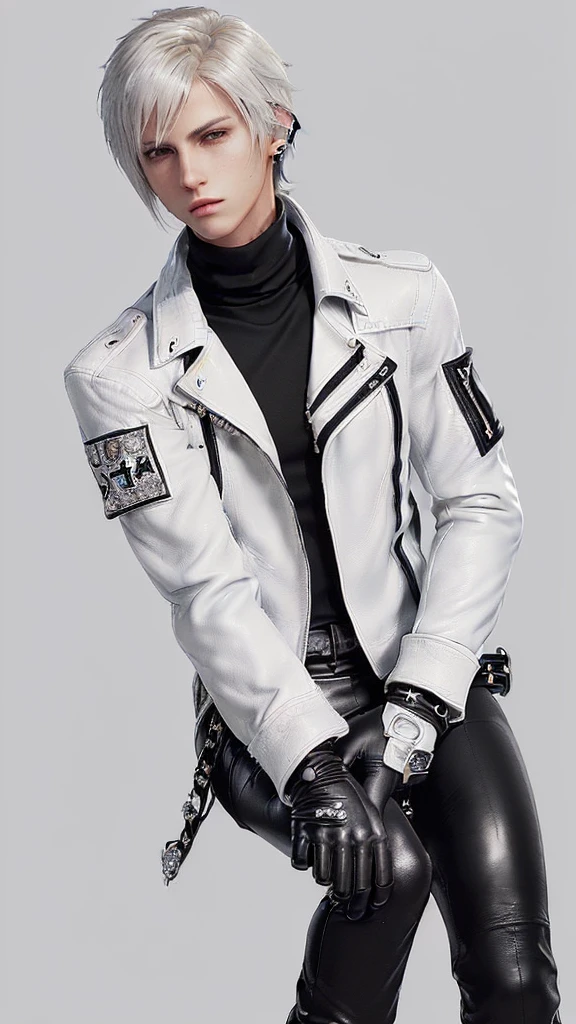 ((Final fantasy taste and reality graphics)), ((Japanese young cute and cool ikemen boy)), his age is early 20s, thin eyebrows and beady eyes, ((((he wearing white color leather very thick single-brest jacket)))), ((with epaulet)), ((leather jacket close all zippers)),, ,(( jacket collar is very high length stand-up collar with belts)), , (((also wearing black color turtleneck polyester shirts))), (((tight black and leather pants))), ((((black leather tight and thin glove)))), ((black color leather knee-high raceup boots)),head-to-toe, whole body, boy looks like fashion model,Do not show skin from the neck down,(((all his clothes are smooth design and very shining))),(((Avoid adding unnecessary decorations to your clothes))),(((all clothes is simple design and appearance))),(((don't wear jewelry on all clothes)))