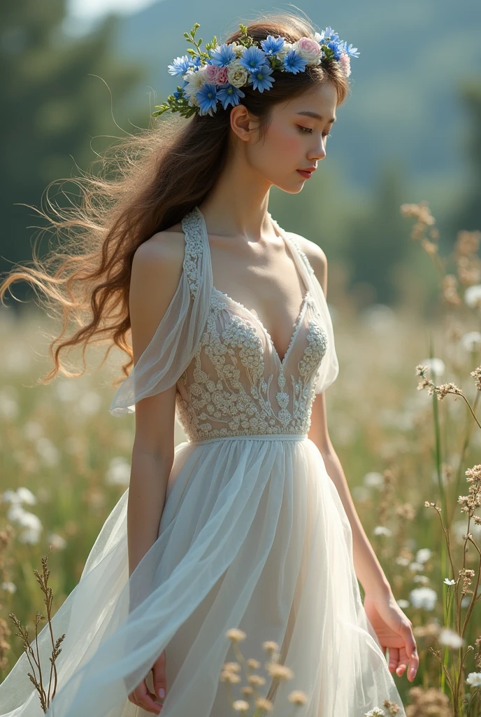 BLUE DRESS, necklineless chiffon dress with corncob designs on the dress and lots of movement, Loose hair decorated with garlands of wild flowers, blue, white and pink, full view of the dress
