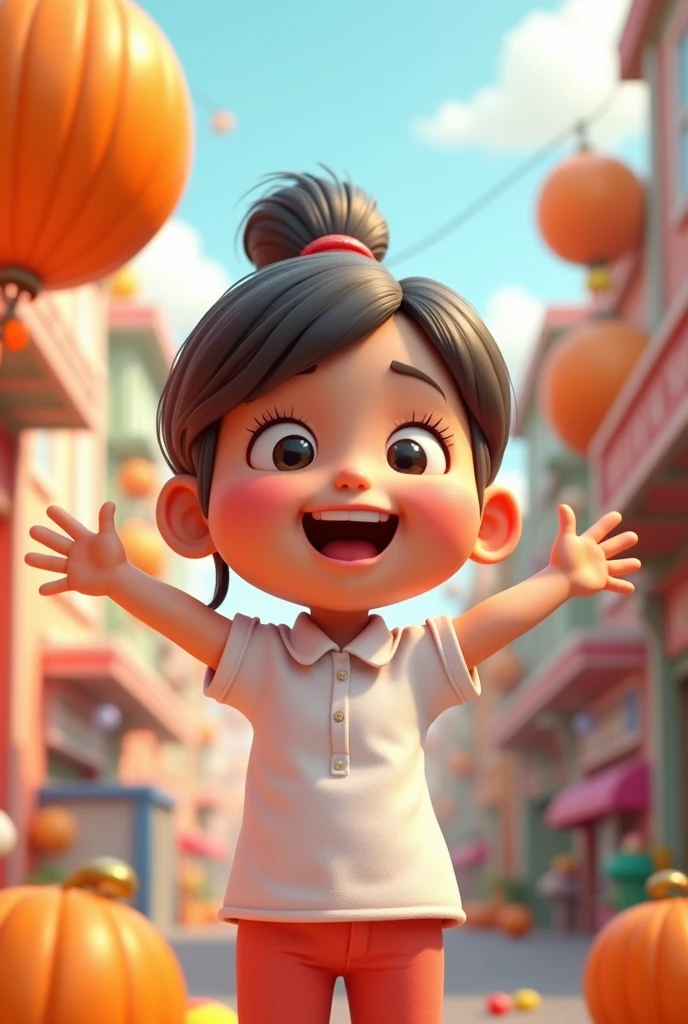 Happy girl with open arms in white polo shirt and scissors in one hand 3d