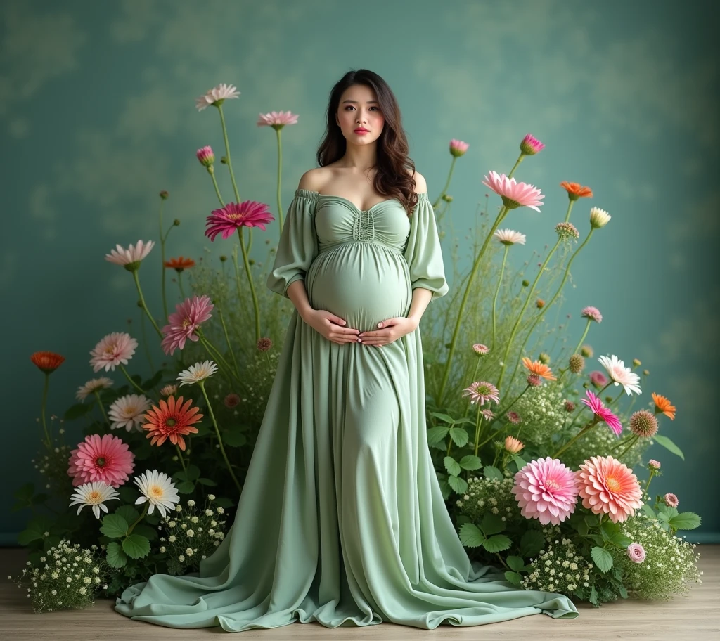 pregnant woman in green and pink dress , dress standing in front of a flower garden, a colorized photo inspired by Kim Du-ryang, shutterstock contest winner, conceptual art, draped in fleshy green and pink, maternal photography 4 k, full body portrait shot, full body photograph, green and pink, full body photoshoot, full body wide shot, full body portrait, award winning studio photo