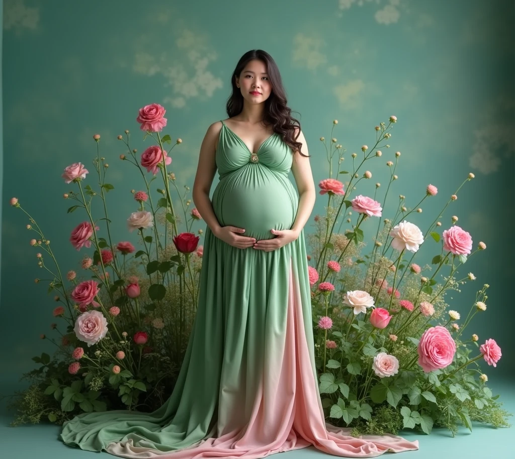 pregnant woman in green and pink dress , dress standing in front of a flower garden, a colorized photo inspired by Kim Du-ryang, shutterstock contest winner, conceptual art, draped in fleshy green and pink, maternal photography 4 k, full body portrait shot, full body photograph, green and pink, full body photoshoot, full body wide shot, full body portrait, award winning studio photo