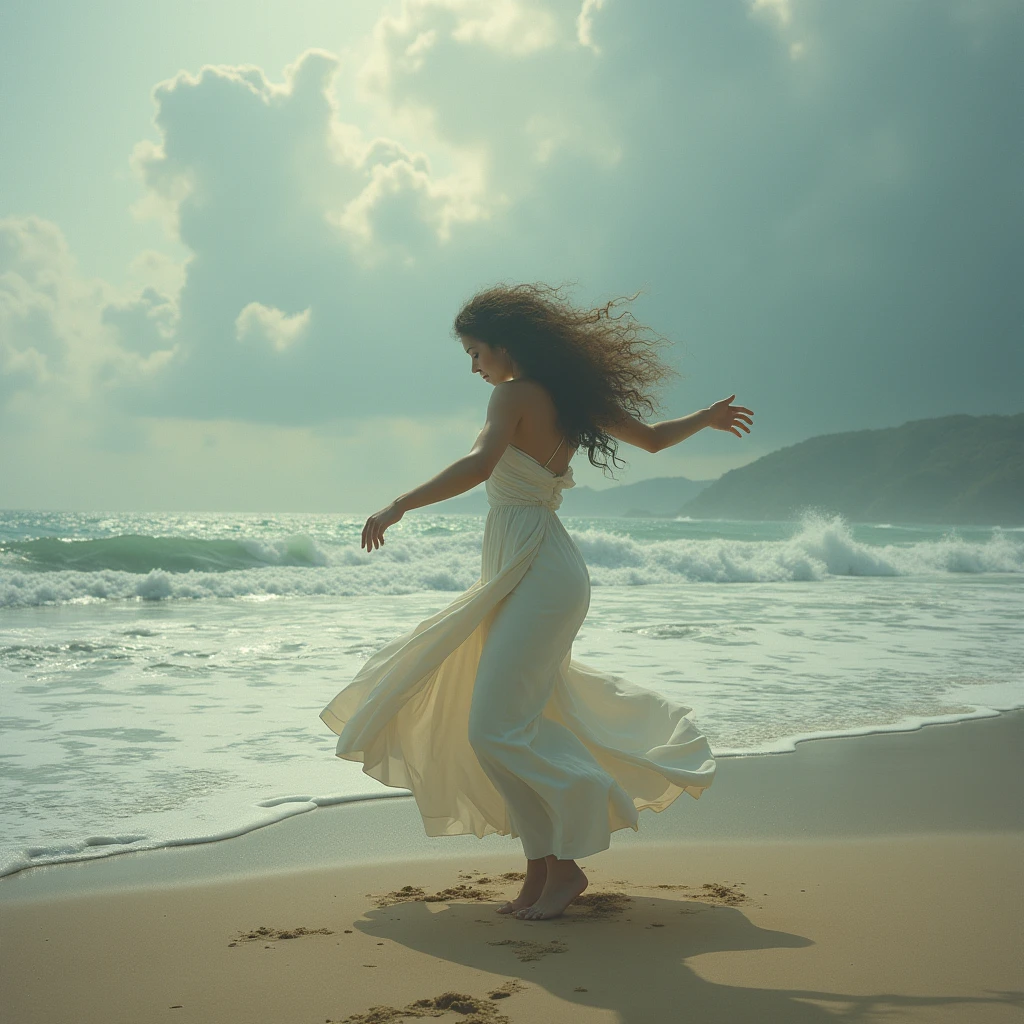 distant woman in the distance with curly hair dancing in the sand, surf , arena, costa, clouds, cloudy, winds, loneliness, melancholia, sadness, Photography, Realism, analogic camera effect, masterpiece, perfect composition