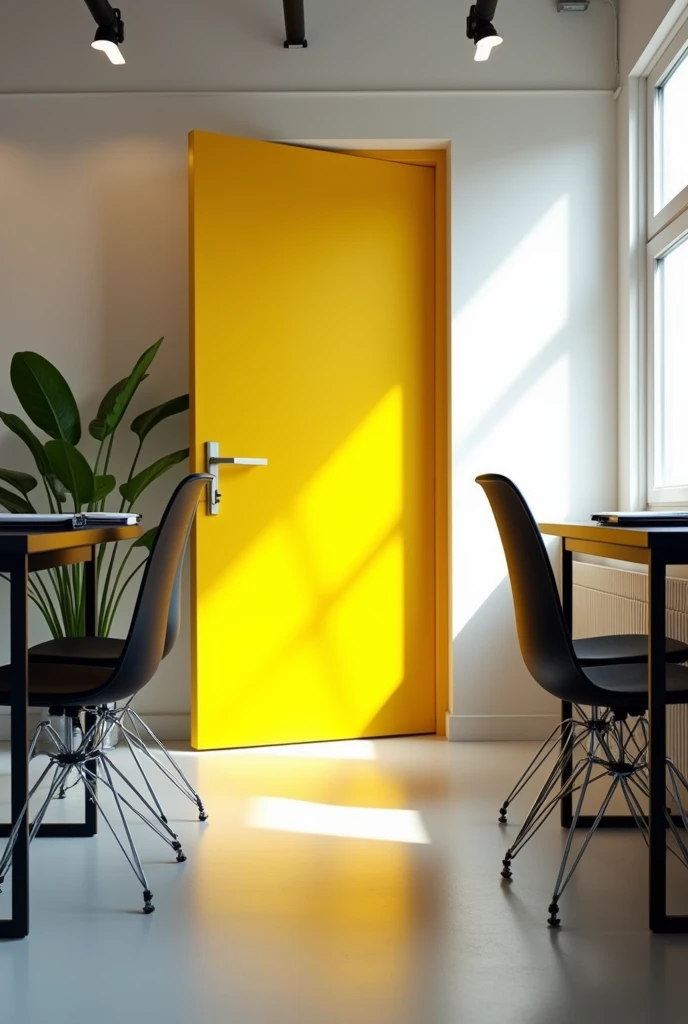 Yellow door and several black desks with white legs
