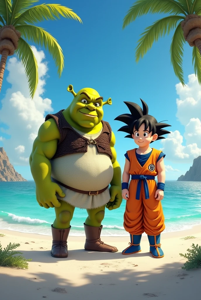 Shrek with Goku on a beach