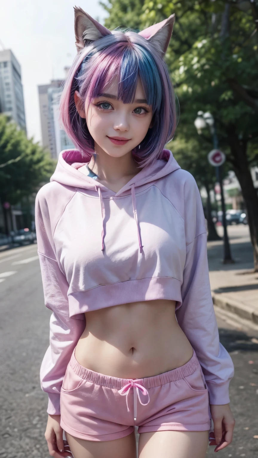 Beautiful round medium breasts, 1girl, ((Neon hair Left blue and right magenta hair, 2 colors , bangs cover the eyes)) ((wolf girl, cute girl face)) light blue eyes, has an beautiful sensual body with freckles, with Beautiful breasts and thin waist, HIP HOP Beautiful and cute pink hoodie, legging shorts fabric delicate, has a bold appearance. young, quality, realistic, best quality, cute expression, pink lipstick lips, Cute smile, In the square with trees
