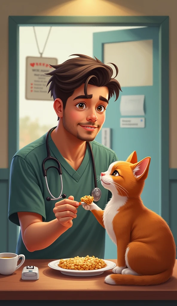 Man sharing food with a cat, veterinary clinic in the background, caring gesture