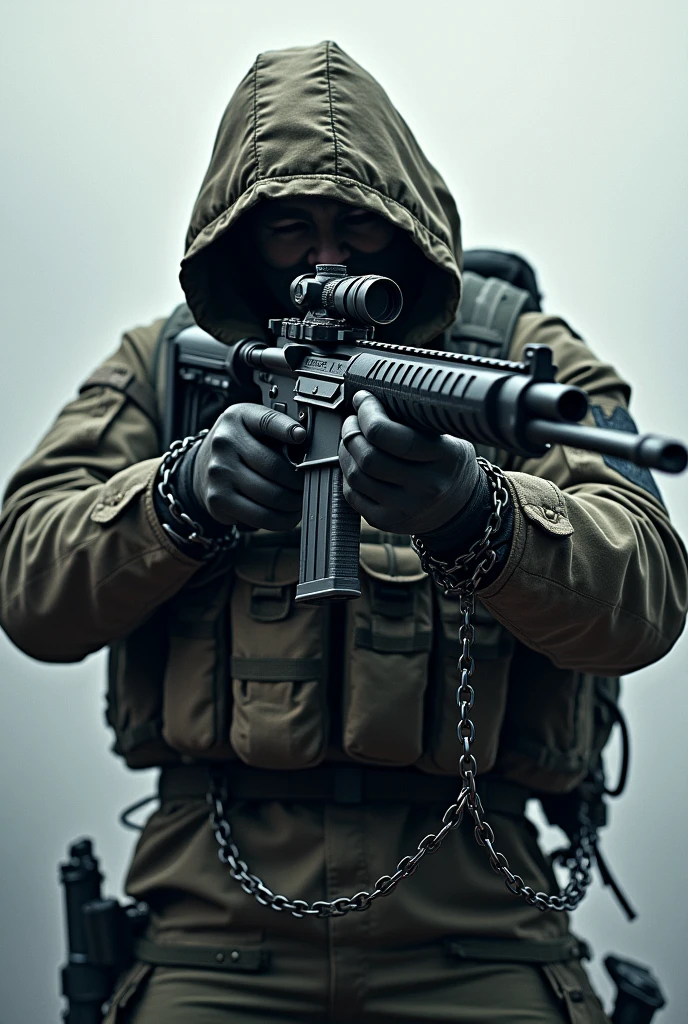 An anonymous soldier chained to a sniper rifle, write the word slayvefps in the middle, use 3 colours only. Make the size of the picture 1x1