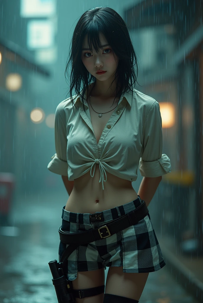 1 female, , high quality, masterpiece, Ultra-high resolution, Cinema Lighting, 1 female, , high quality, masterpiece, Ultra-high resolution, , Cinema Lighting, suspenders Moderate breasts Small face Looking up Sweat Thin belt buzzer 脇Sweat garter belt Belt on pants holster Hands behind your back Looking up Anxious face Knee-high Knee socks Knee-highソックス garter ふとももにgarter belt Checkered mini skirt Panty shot Skirt gap Armament holster holster Hands behind your back Anxious expression Anxious face, legs apart Armament Leg Holster holster See-through clothing heavy rain Rain-soaked dress shirt,Moderate breasts ガーターbelt suspenders Garter on the thigh Checkered mini skirt Looking up Pause belt Armpit sweat Hands behind back Raise your hands