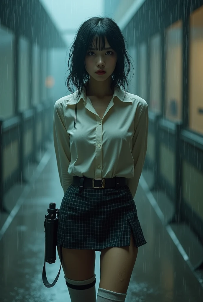 1 female, , high quality, masterpiece, Ultra-high resolution, Cinema Lighting, 1 female, , high quality, masterpiece, Ultra-high resolution, , Cinema Lighting, suspenders Moderate breasts Small face Looking up Sweat Thin belt buzzer 脇Sweat garter belt Belt on pants holster Hands behind your back Looking up Anxious face Knee-high Knee socks Knee-highソックス garter ふとももにgarter belt Checkered mini skirt Panty shot Skirt gap Armament holster holster Hands behind your back Anxious expression Anxious face, legs apart Armament Leg Holster holster See-through clothing heavy rain Rain-soaked dress shirt,Moderate breasts ガーターbelt suspenders Garter on the thigh Checkered mini skirt Looking up Pause belt Armpit sweat Hands behind back Raise your hands