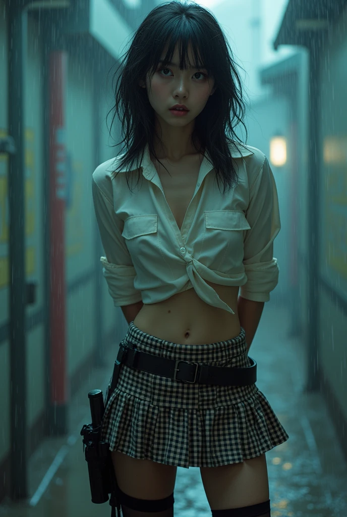 1 female, , high quality, masterpiece, Ultra-high resolution, Cinema Lighting, 1 female, , high quality, masterpiece, Ultra-high resolution, , Cinema Lighting, suspenders　　　Moderate breasts　 　 　　　　　 　　　　Small face　 　　　　　　　　　　　Looking up　　　　Sweat 　　　Thin belt　buzzer　脇Sweat 　　　　 　garter belt　　Belt on pants　　holster　 　　Hands behind your back　 　Looking up　Anxious face　Knee-high　Knee socks　Knee-highソックス 　garter　ふとももにgarter belt　Checkered mini skirt　 　　Panty shot　Skirt gap Armament　　　holster　holster 　　Hands behind your back　 Anxious expression　　Anxious face, legs apart　Armament　　Leg Holster　holster　See-through clothing　heavy rain　Rain-soaked dress shirt,Moderate breasts　ガーターbelt　suspenders　Garter on the thigh　Checkered mini skirt　Looking up　Pause　belt　Armpit sweat　Hands behind back　Raise your hands
