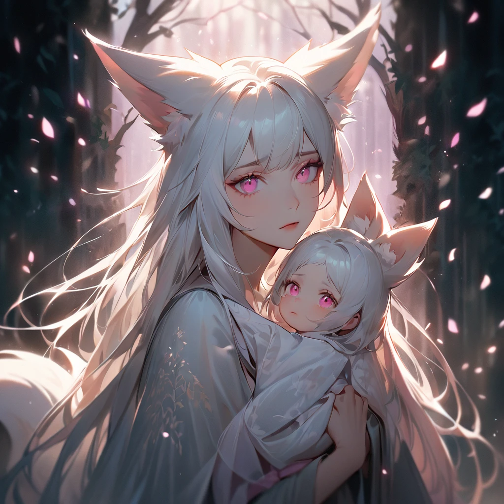 A digital painting of a kitsune with long white hair and pink eyes, her face turned slightly to the side and looking at the viewer with a worried expression. She is holding a baby girl kitsune in her arms, who also has white hair, slightly long and soft, with pink eyes gazing curiously. The adult kitsune's hair is flowing gently around her shoulders, and her posture suggests a protective stance. The setting is an ethereal forest, with soft dappled light filtering through the leaves, casting gentle shadows. A subtle aura of magic surrounds both figures, with delicate pink and white hues, conveying a sense of concern and care, soft lighting, ethereal, fantasy art, delicate brushwork, emotionally evocative, intimate portrait.