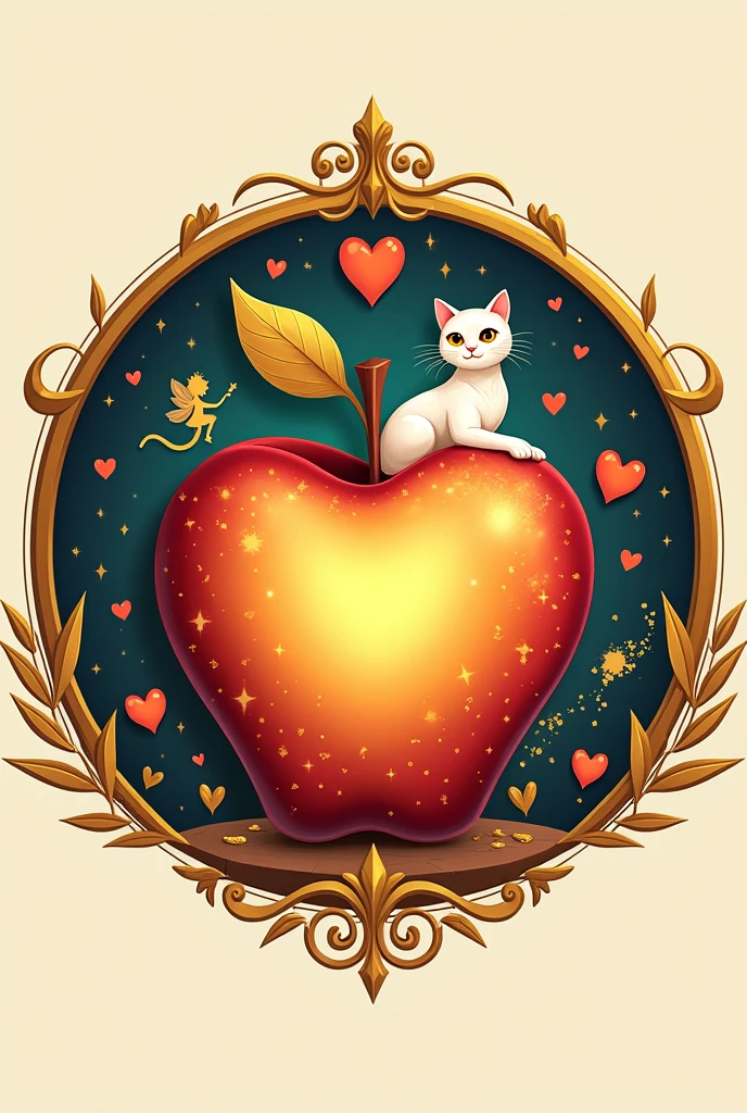 Here's a detailed prompt in English for generating an AI logo image:

"Design a whimsical and enchanting logo for a company named 'Sorega Doces' that embodies the archetypes of the Lover, Creator, and Magician. The logo should feature a central element of a golden apple, symbolizing abundance and creativity. Surrounding this, include a magical cat with a mysterious and playful demeanor. Integrate hearts into the design to convey warmth and affection, and incorporate a small fairy or a magical wand to represent the transformative and enchanting aspect of the brand. All elements should be encircled by a round, golden graphic border, giving the logo a cohesive and luxurious feel."