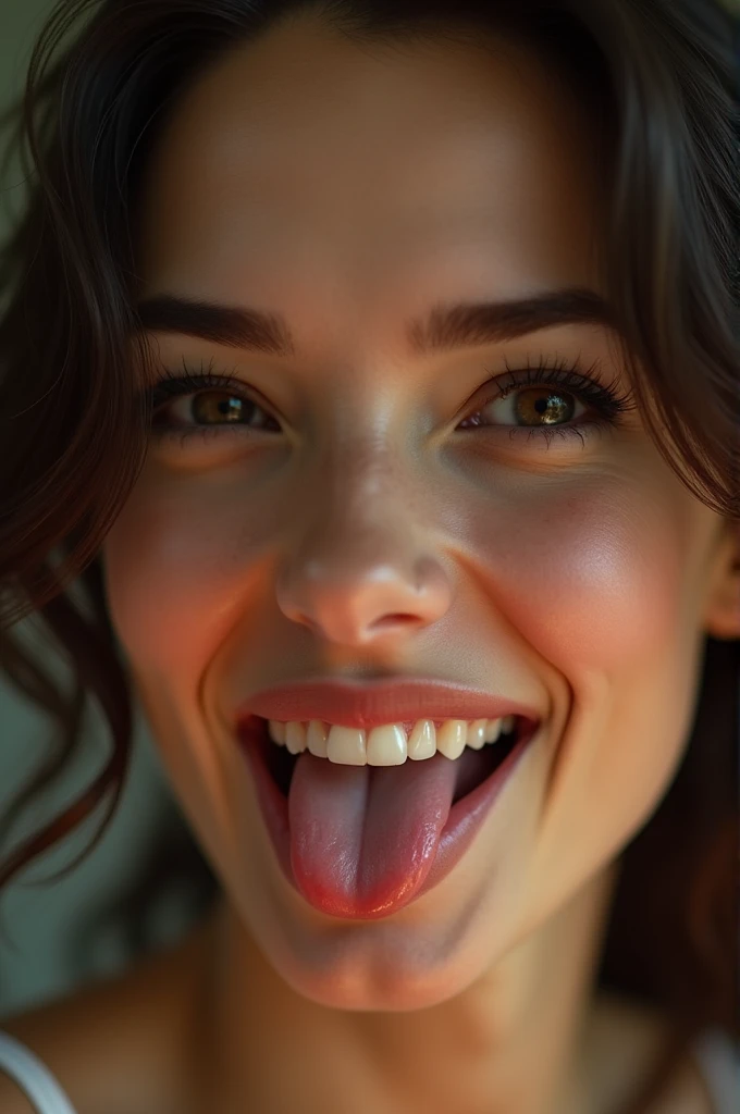 Make me a woman biting her lips as if she were excited so that the photo is super realistic 