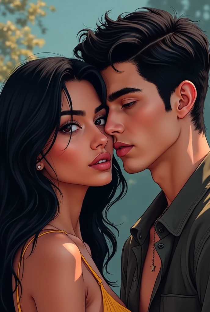 Cover for Wattpad youth romance book, black haired latina girl, and bad boy with effeminate features and straight hair at eye level, boy without beard or any hair on his face, youthful and seductive face in the style of a young adult novel 