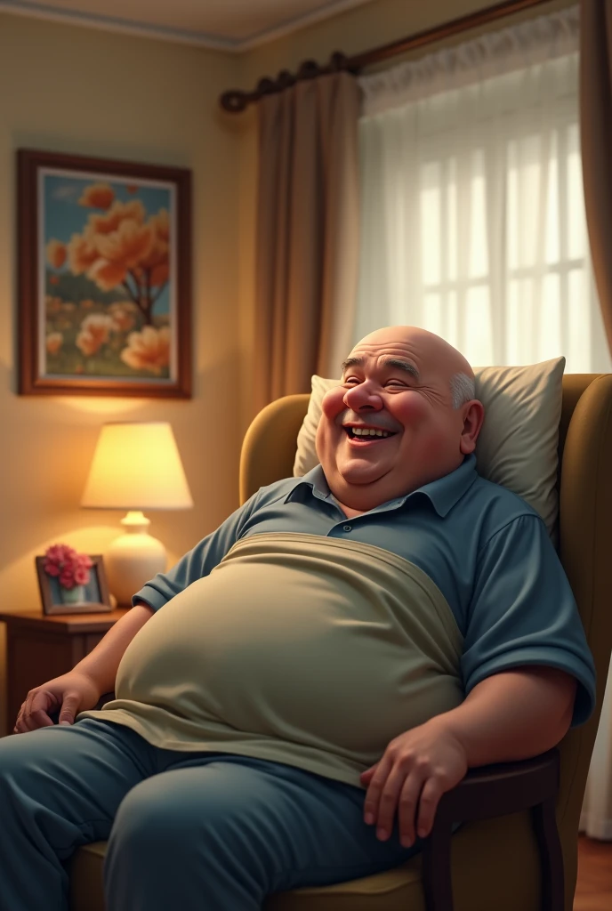 A fat man,baldie,smiling in a hospice room

