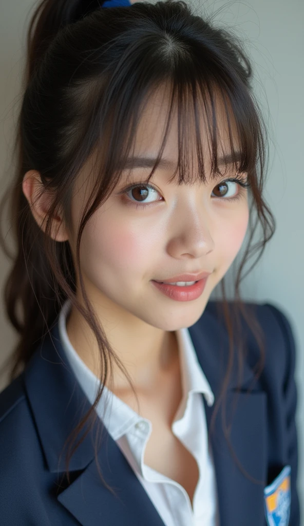 raw photo, real photo, 18yo, Beautiful clear eyes, unique, individual, distinctive face, real skin, Bare skin, slightly open mouth, high school uniform, cleavage, lovely, neat, calm, happy, innocent, peaceful, soothing, youthful, irreplaceable