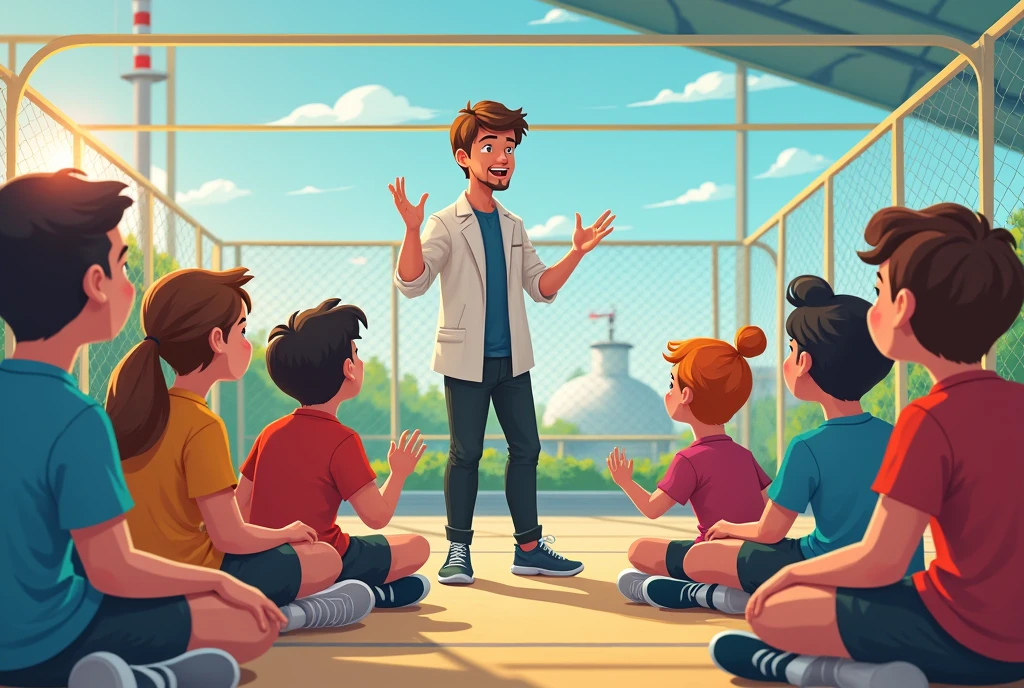 A teacher in a physical education class with his students. Start interacting and asking each other questions.. The class takes place on a sports platform. The students are sitting. Image size 1000 x 500