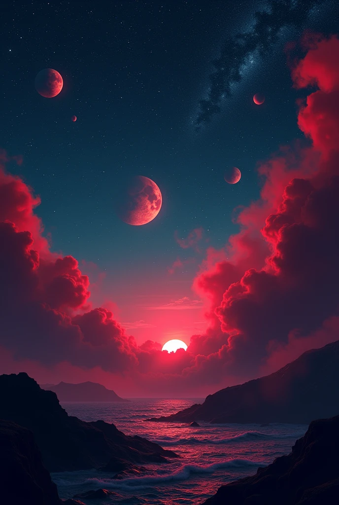 A party communication for a club
We need a dark and shadow atmosphere with planets in the background and some red smoke.
We need mix of black red and blue color
We want no human in the picture
Less realistic and more in a retro way