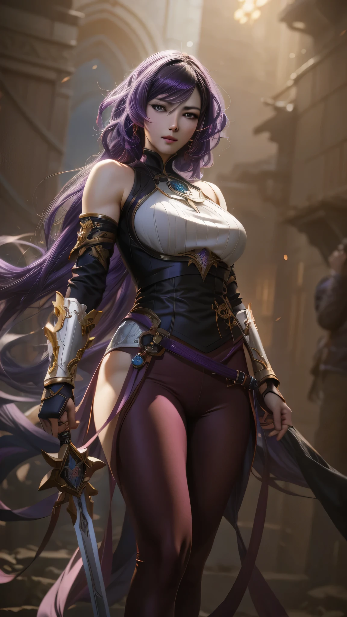 anime girl with purple hair and sword in a dark room, cushart krenz key art feminine, 2. 5 d cgi anime fantasy artwork, irelia from league of legends, krenz cushart and artgerm, ayaka genshin impact, keqing from genshin impact, extremely detailed artgerm, irelia, style artgerm
